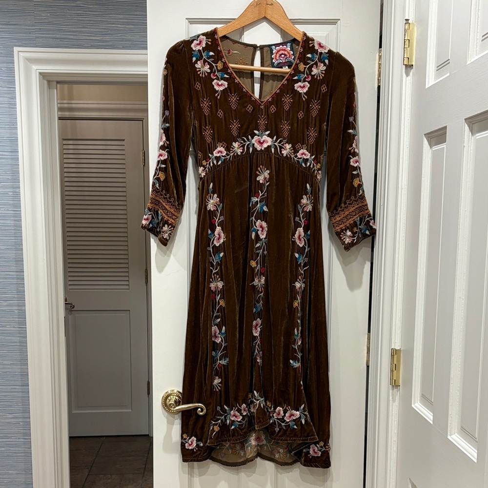 Johnny Was Chocolate Midi Dress with Floral Details